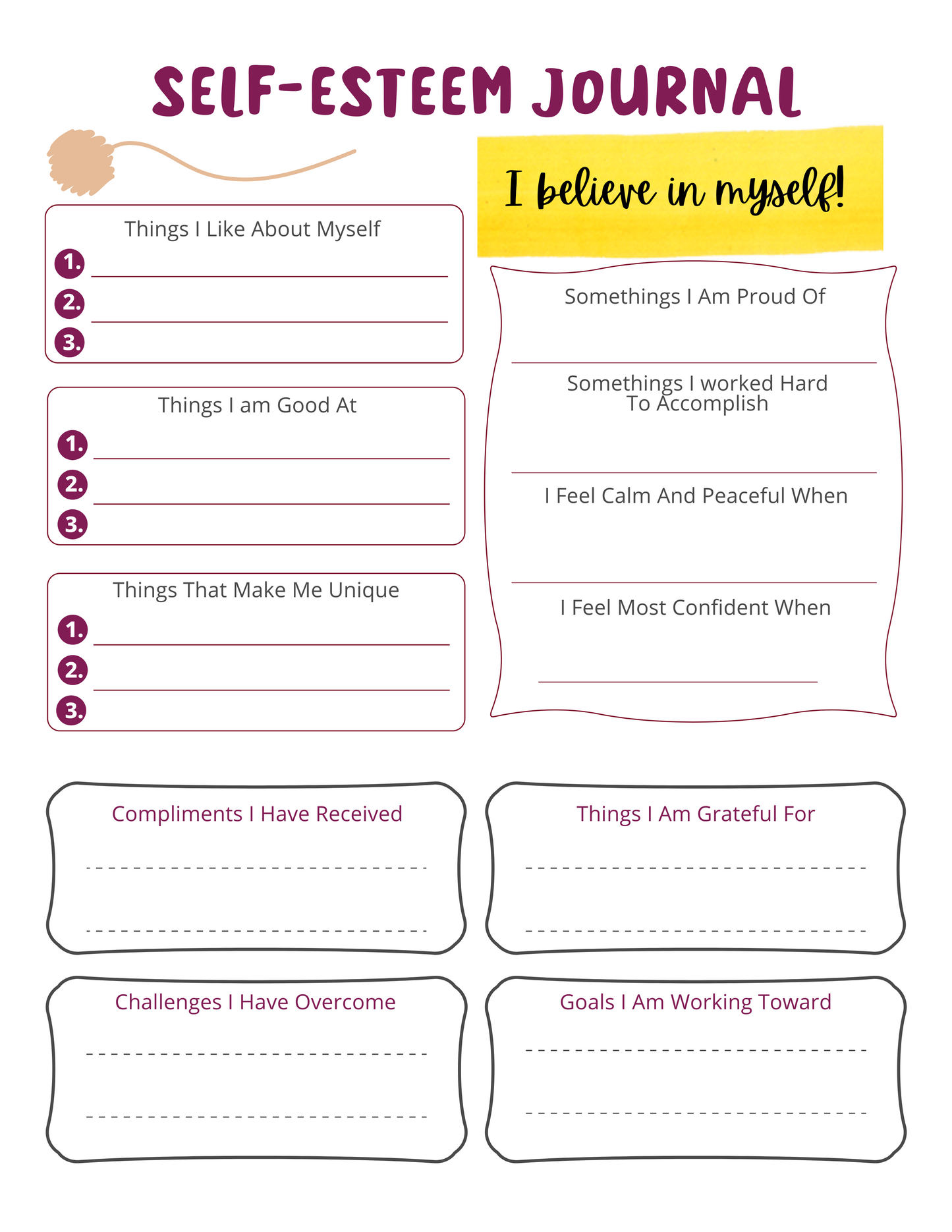 Kids Self-Esteem Journal Digital Download