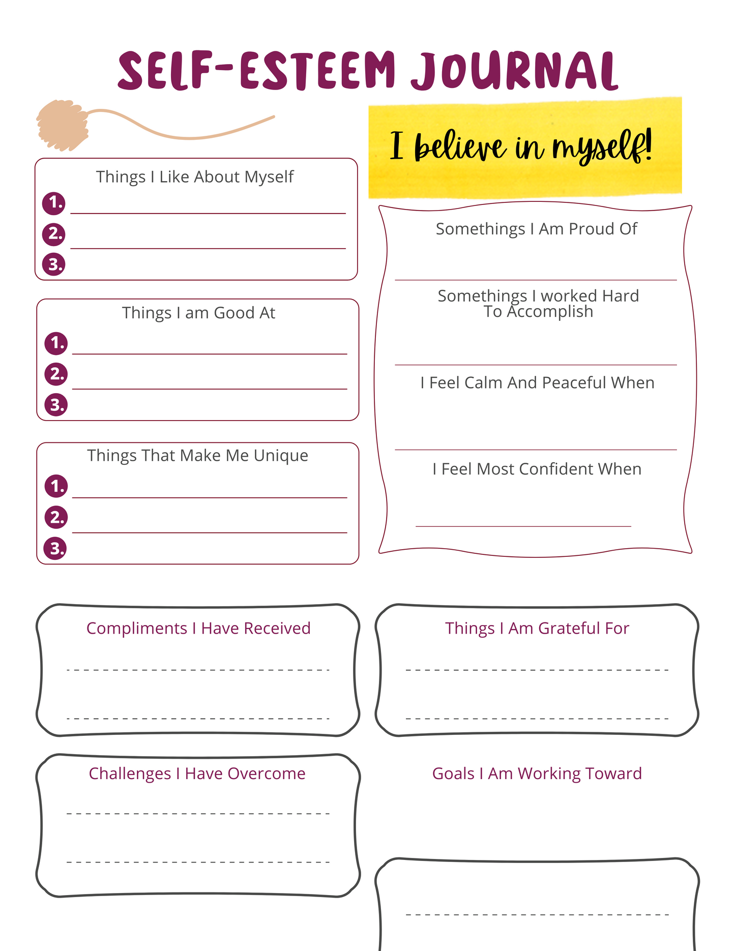 Kids Self-Esteem Journal Digital Download