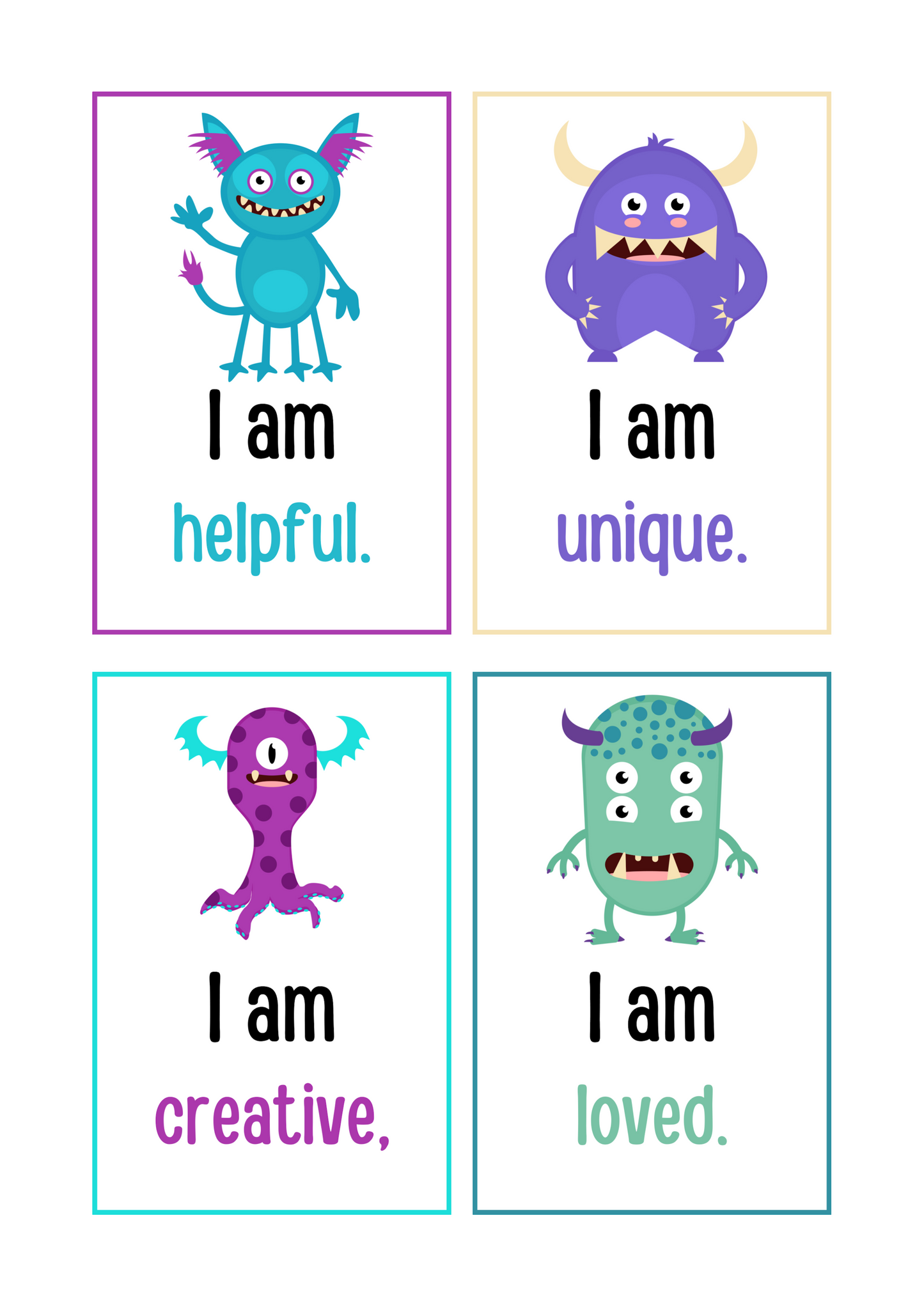 Kids Monster Positive Affirmation Cards Digital Download
