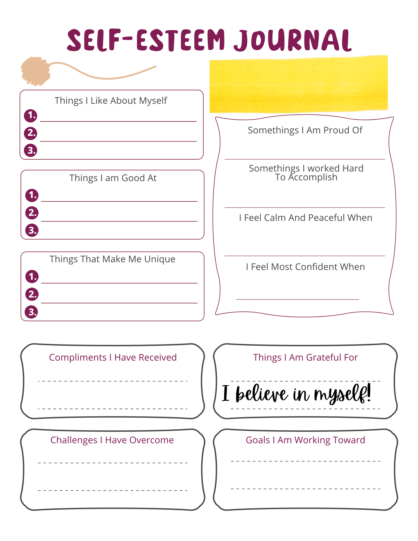 Kids Self-Esteem Journal Digital Download