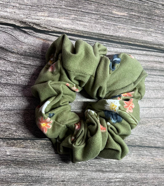 Olive Green Floral Scrunchie
