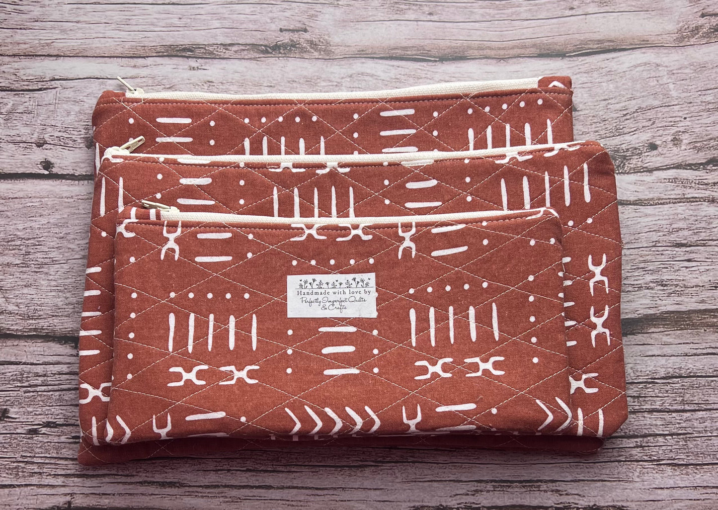Terracotta Mudcloth Print Handmade Quilted Zipper Pouches