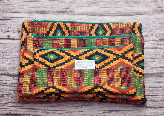 Multicolor Kenti Cloth Print Handmade QuiltedZipper Pouches